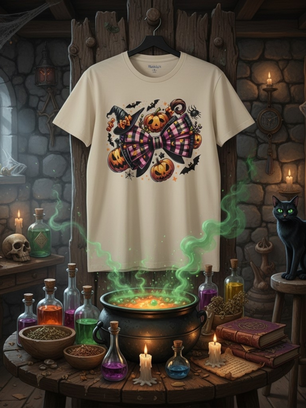 XL Halloween Pumpkin Bow Graphic Tee - Cream Womens